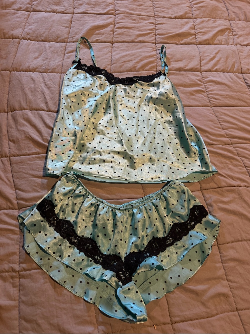 George Aqua Satin Polka Dot Cami & Ruffle Short Set with Black Lace